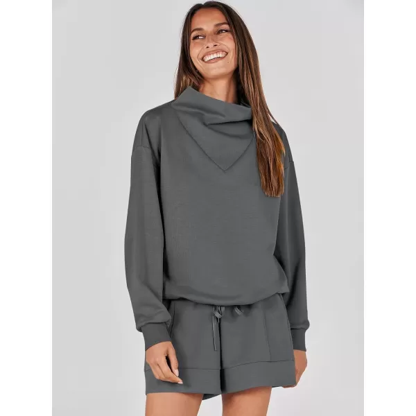 imageANRABESS Women 2 Piece Outfits Sweatsuits Cowl Neck Sweatshirts amp Lounge Shorts Matching Sweat Sets Tracksuit SetDeep Grey