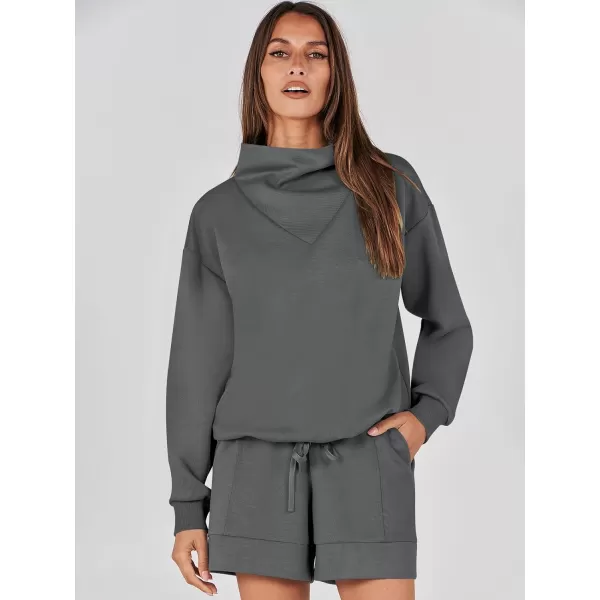 imageANRABESS Women 2 Piece Outfits Sweatsuits Cowl Neck Sweatshirts amp Lounge Shorts Matching Sweat Sets Tracksuit SetDeep Grey
