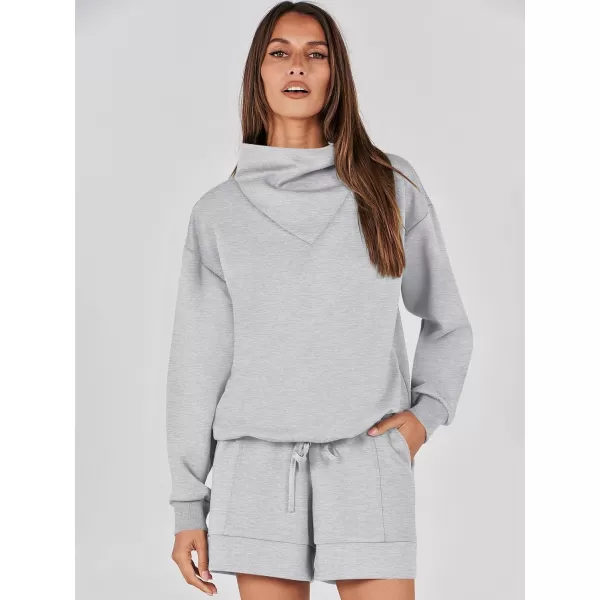 imageANRABESS Women 2 Piece Outfits Sweatsuits Cowl Neck Sweatshirts amp Lounge Shorts Matching Sweat Sets Tracksuit SetGrey