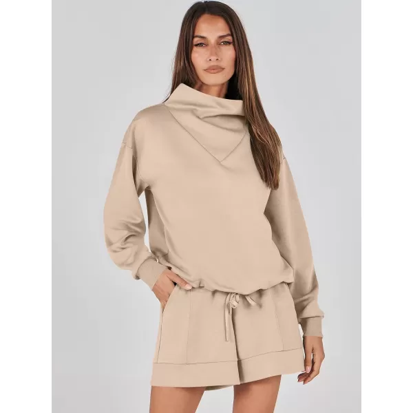 imageANRABESS Women 2 Piece Outfits Sweatsuits Cowl Neck Sweatshirts amp Lounge Shorts Matching Sweat Sets Tracksuit SetKhaki