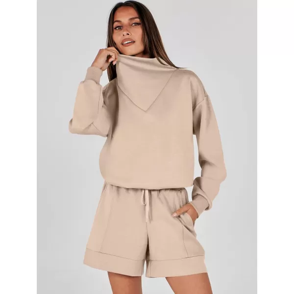 imageANRABESS Women 2 Piece Outfits Sweatsuits Cowl Neck Sweatshirts amp Lounge Shorts Matching Sweat Sets Tracksuit SetKhaki