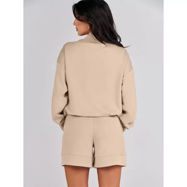 imageANRABESS Women 2 Piece Outfits Sweatsuits Cowl Neck Sweatshirts amp Lounge Shorts Matching Sweat Sets Tracksuit SetKhaki