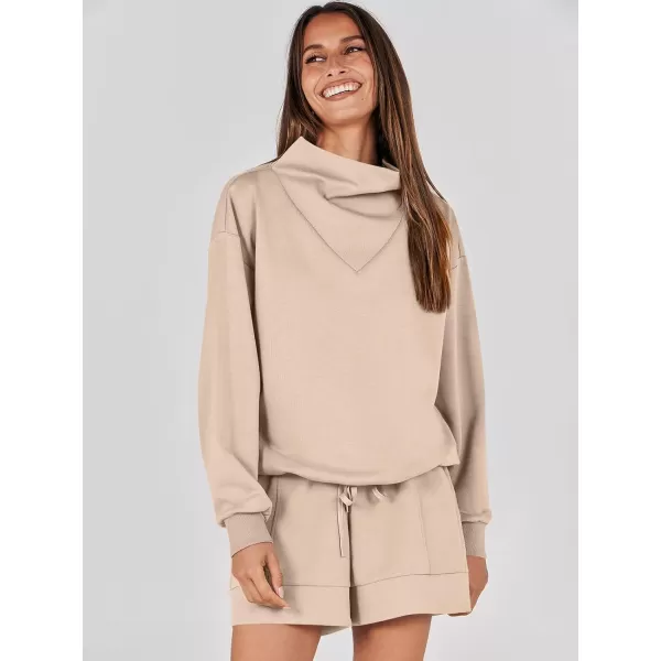 imageANRABESS Women 2 Piece Outfits Sweatsuits Cowl Neck Sweatshirts amp Lounge Shorts Matching Sweat Sets Tracksuit SetKhaki
