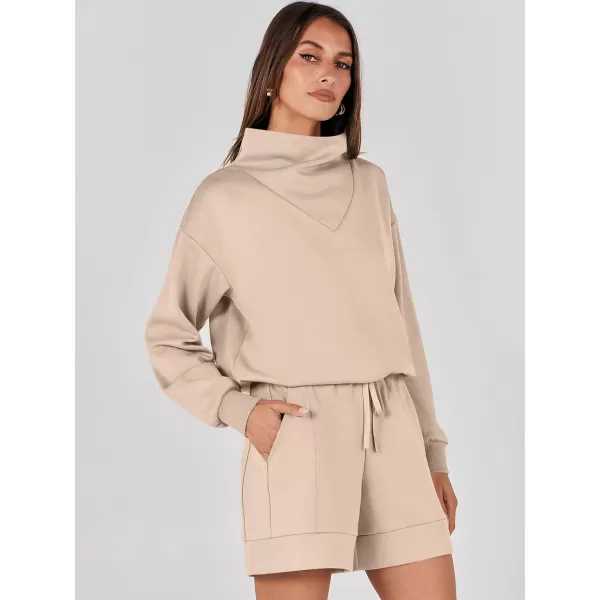 imageANRABESS Women 2 Piece Outfits Sweatsuits Cowl Neck Sweatshirts amp Lounge Shorts Matching Sweat Sets Tracksuit SetKhaki