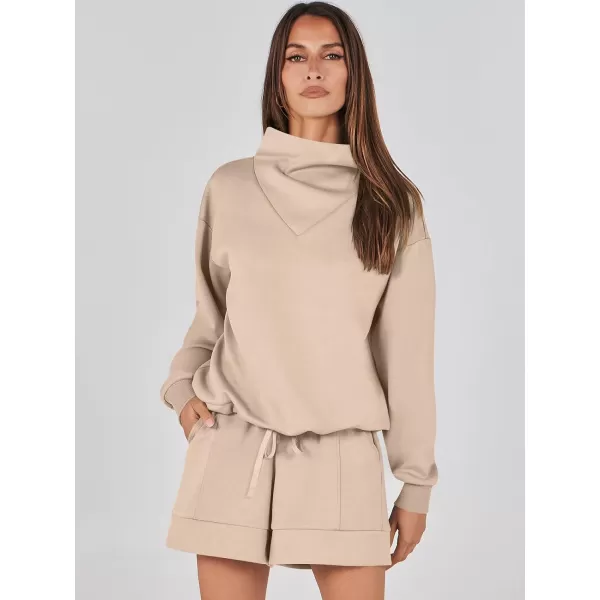 imageANRABESS Women 2 Piece Outfits Sweatsuits Cowl Neck Sweatshirts amp Lounge Shorts Matching Sweat Sets Tracksuit SetKhaki