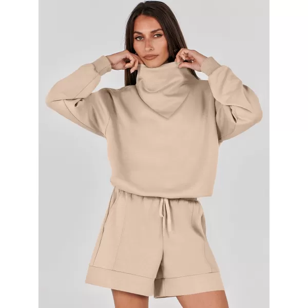 imageANRABESS Women 2 Piece Outfits Sweatsuits Cowl Neck Sweatshirts amp Lounge Shorts Matching Sweat Sets Tracksuit SetKhaki