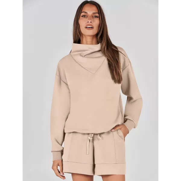 imageANRABESS Women 2 Piece Outfits Sweatsuits Cowl Neck Sweatshirts amp Lounge Shorts Matching Sweat Sets Tracksuit SetKhaki