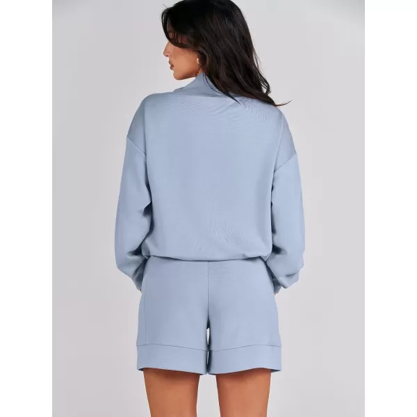 imageANRABESS Women 2 Piece Outfits Sweatsuits Cowl Neck Sweatshirts amp Lounge Shorts Matching Sweat Sets Tracksuit SetLight Blue