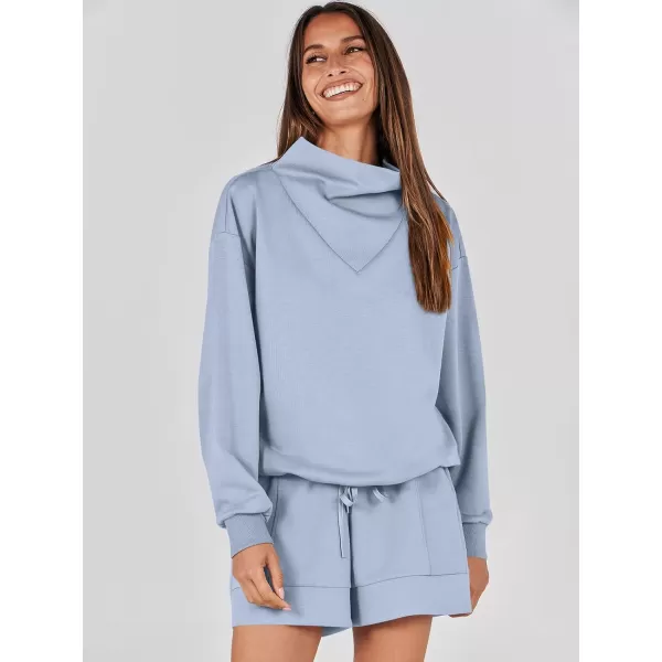 imageANRABESS Women 2 Piece Outfits Sweatsuits Cowl Neck Sweatshirts amp Lounge Shorts Matching Sweat Sets Tracksuit SetLight Blue