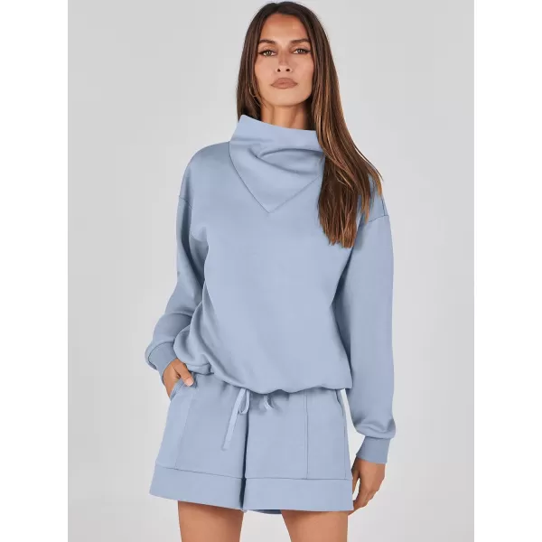 imageANRABESS Women 2 Piece Outfits Sweatsuits Cowl Neck Sweatshirts amp Lounge Shorts Matching Sweat Sets Tracksuit SetLight Blue