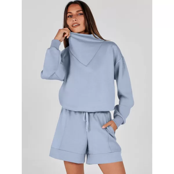 imageANRABESS Women 2 Piece Outfits Sweatsuits Cowl Neck Sweatshirts amp Lounge Shorts Matching Sweat Sets Tracksuit SetLight Blue
