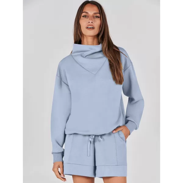 imageANRABESS Women 2 Piece Outfits Sweatsuits Cowl Neck Sweatshirts amp Lounge Shorts Matching Sweat Sets Tracksuit SetLight Blue