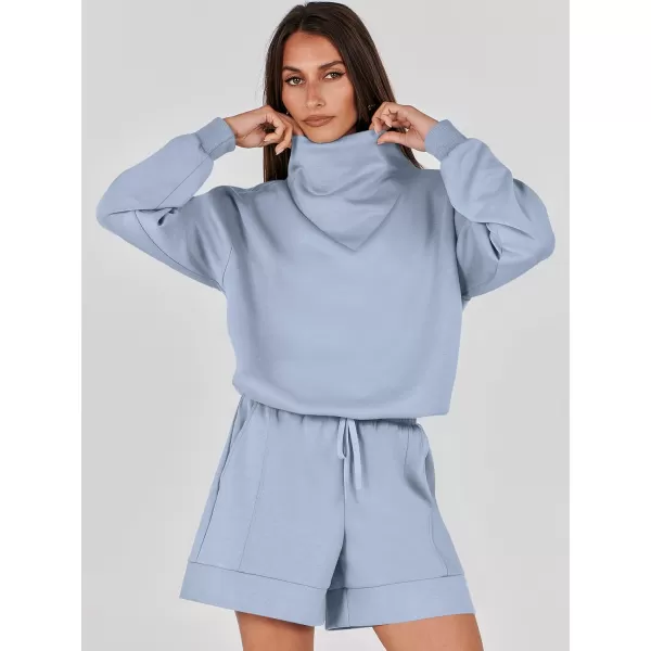 imageANRABESS Women 2 Piece Outfits Sweatsuits Cowl Neck Sweatshirts amp Lounge Shorts Matching Sweat Sets Tracksuit SetLight Blue