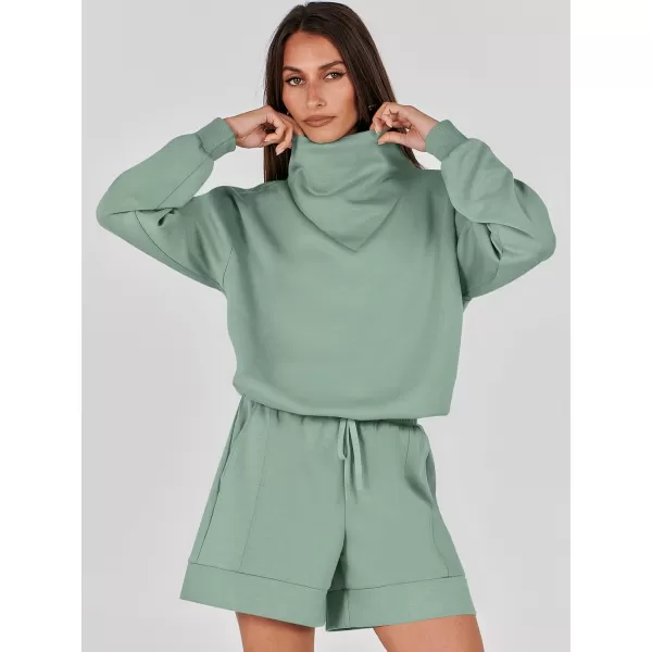 imageANRABESS Women 2 Piece Outfits Sweatsuits Cowl Neck Sweatshirts amp Lounge Shorts Matching Sweat Sets Tracksuit SetLight Green