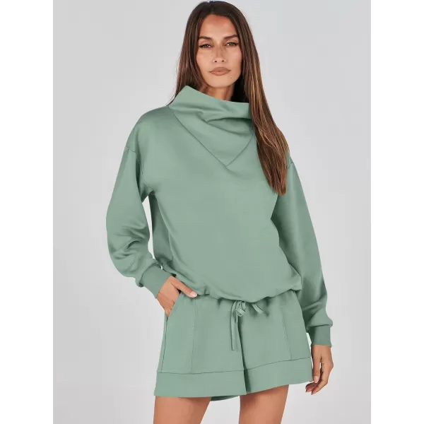 imageANRABESS Women 2 Piece Outfits Sweatsuits Cowl Neck Sweatshirts amp Lounge Shorts Matching Sweat Sets Tracksuit SetLight Green