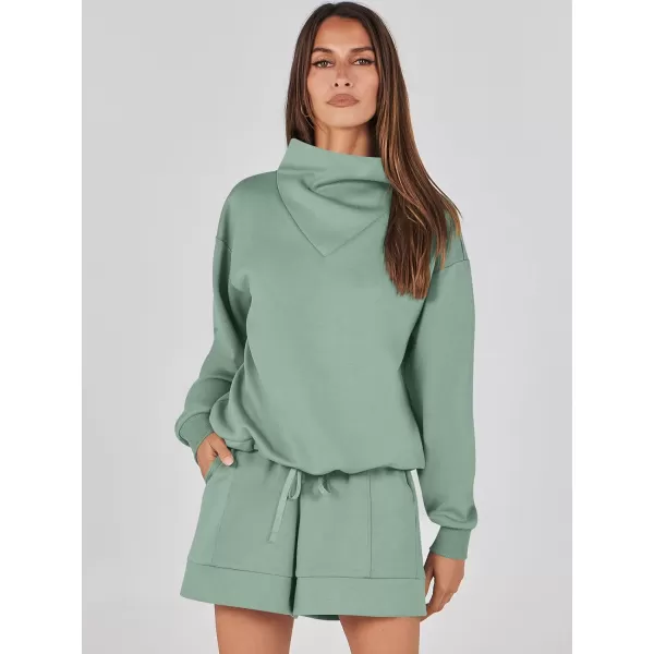 imageANRABESS Women 2 Piece Outfits Sweatsuits Cowl Neck Sweatshirts amp Lounge Shorts Matching Sweat Sets Tracksuit SetLight Green
