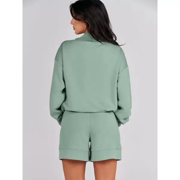 imageANRABESS Women 2 Piece Outfits Sweatsuits Cowl Neck Sweatshirts amp Lounge Shorts Matching Sweat Sets Tracksuit SetLight Green