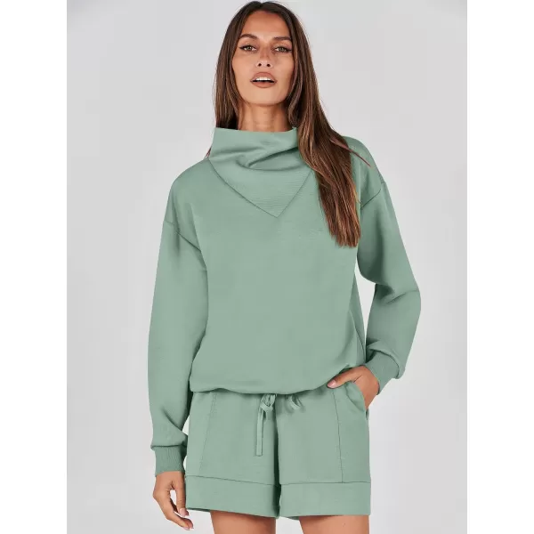 imageANRABESS Women 2 Piece Outfits Sweatsuits Cowl Neck Sweatshirts amp Lounge Shorts Matching Sweat Sets Tracksuit SetLight Green