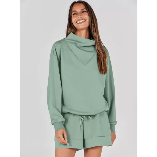 imageANRABESS Women 2 Piece Outfits Sweatsuits Cowl Neck Sweatshirts amp Lounge Shorts Matching Sweat Sets Tracksuit SetLight Green
