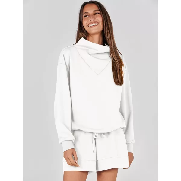 imageANRABESS Women 2 Piece Outfits Sweatsuits Cowl Neck Sweatshirts amp Lounge Shorts Matching Sweat Sets Tracksuit SetWhite