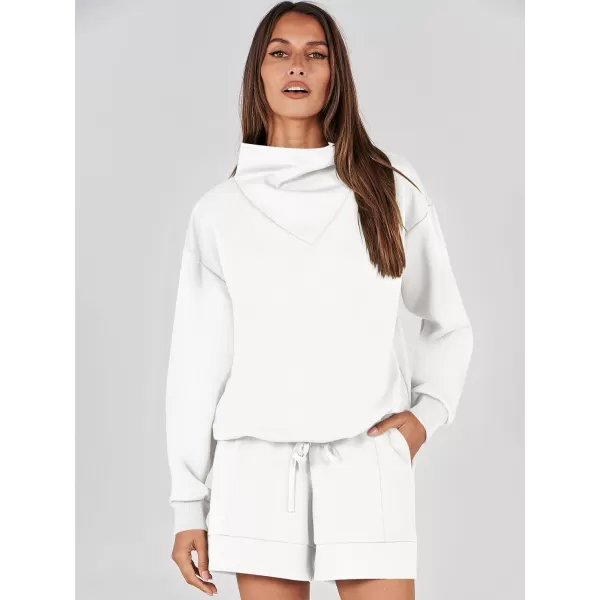 imageANRABESS Women 2 Piece Outfits Sweatsuits Cowl Neck Sweatshirts amp Lounge Shorts Matching Sweat Sets Tracksuit SetWhite