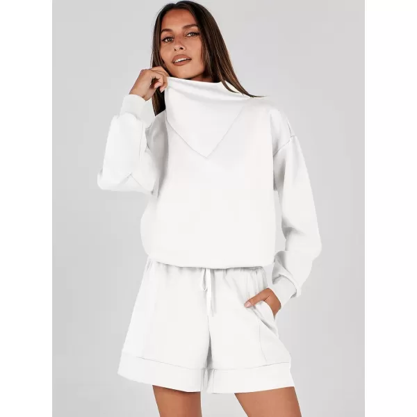 imageANRABESS Women 2 Piece Outfits Sweatsuits Cowl Neck Sweatshirts amp Lounge Shorts Matching Sweat Sets Tracksuit SetWhite