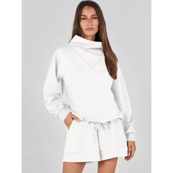 imageANRABESS Women 2 Piece Outfits Sweatsuits Cowl Neck Sweatshirts amp Lounge Shorts Matching Sweat Sets Tracksuit SetWhite
