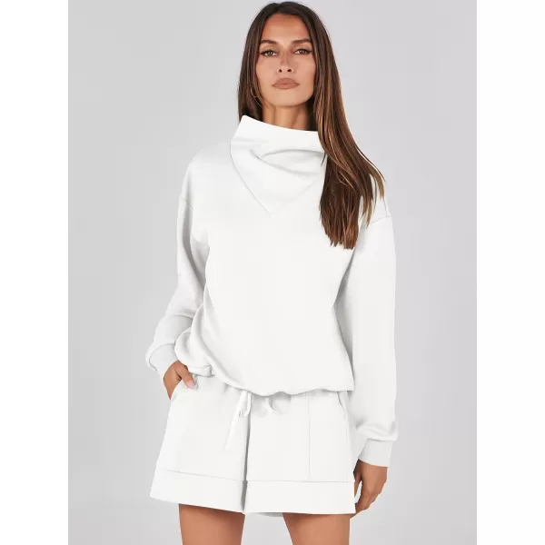 imageANRABESS Women 2 Piece Outfits Sweatsuits Cowl Neck Sweatshirts amp Lounge Shorts Matching Sweat Sets Tracksuit SetWhite