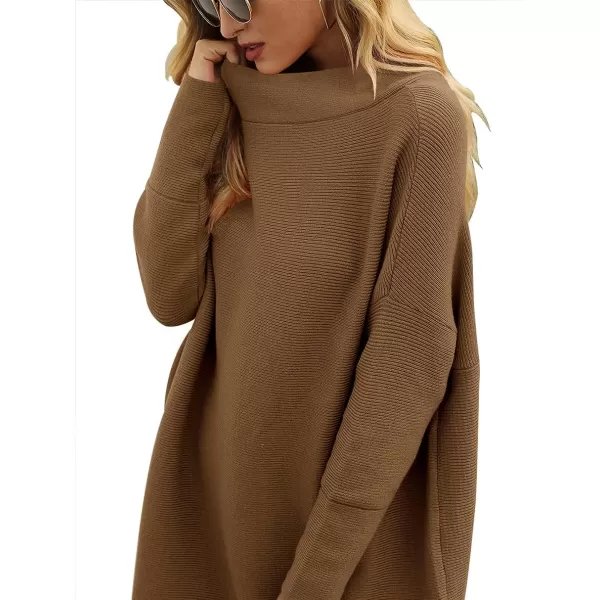 imageANRABESS Women 2023 Fall Casual Turtleneck Batwing Sleeve Slouchy Oversized Ribbed Knit Tunic Sweaters PulloverCoffee
