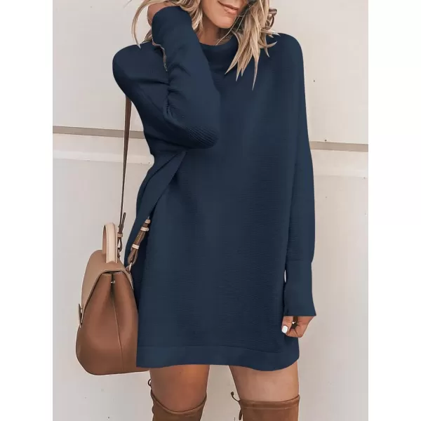 imageANRABESS Women 2023 Fall Casual Turtleneck Batwing Sleeve Slouchy Oversized Ribbed Knit Tunic Sweaters PulloverDark Blue