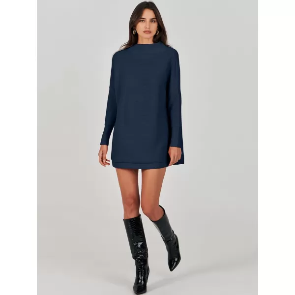 imageANRABESS Women 2023 Fall Casual Turtleneck Batwing Sleeve Slouchy Oversized Ribbed Knit Tunic Sweaters PulloverDark Blue