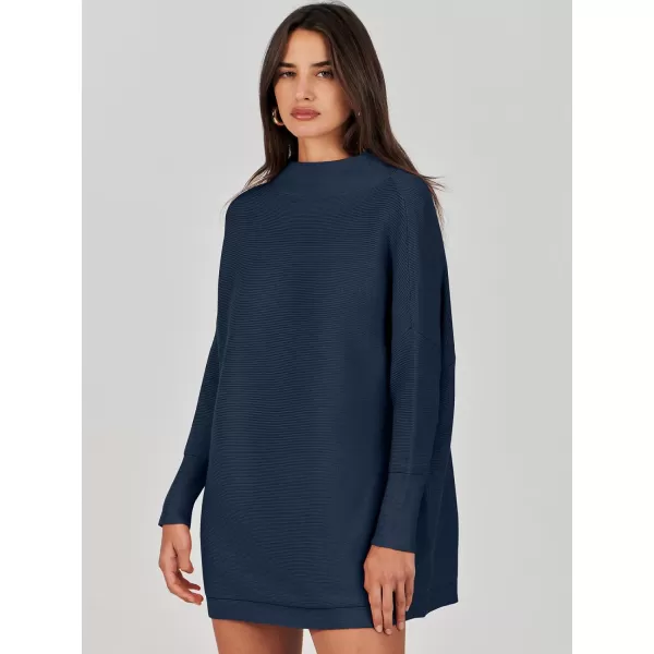 imageANRABESS Women 2023 Fall Casual Turtleneck Batwing Sleeve Slouchy Oversized Ribbed Knit Tunic Sweaters PulloverDark Blue