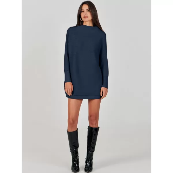 imageANRABESS Women 2023 Fall Casual Turtleneck Batwing Sleeve Slouchy Oversized Ribbed Knit Tunic Sweaters PulloverDark Blue