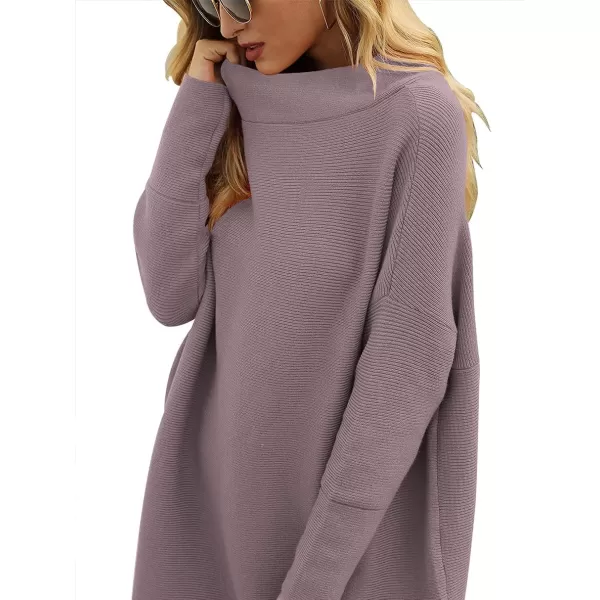 imageANRABESS Women 2023 Fall Casual Turtleneck Batwing Sleeve Slouchy Oversized Ribbed Knit Tunic Sweaters PulloverPurple
