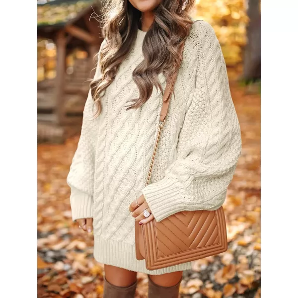 imageANRABESS Women 2023 Fall Crewneck Long Sleeve Oversized Cable Knit Chunky Pullover Short Sweater DressesBeige