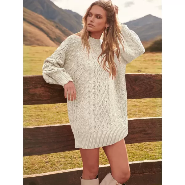 imageANRABESS Women 2023 Fall Crewneck Long Sleeve Oversized Cable Knit Chunky Pullover Short Sweater DressesBeige