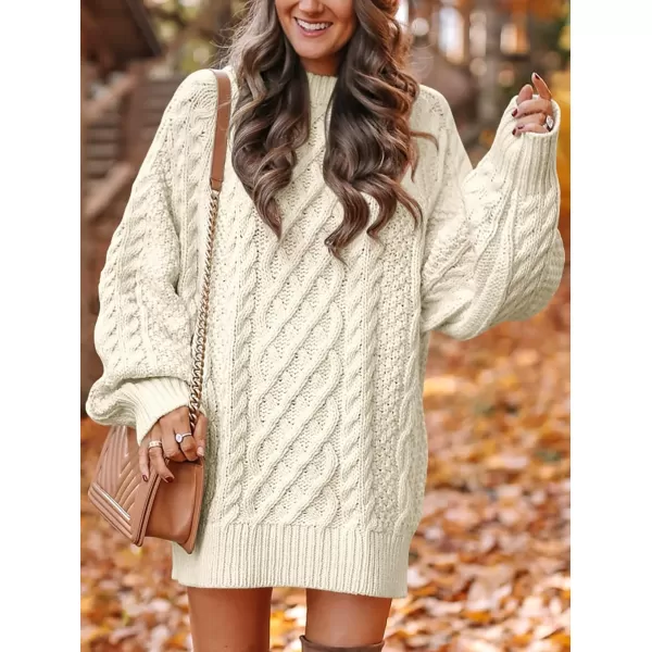 imageANRABESS Women 2023 Fall Crewneck Long Sleeve Oversized Cable Knit Chunky Pullover Short Sweater DressesBeige