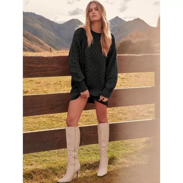 imageANRABESS Women 2023 Fall Crewneck Long Sleeve Oversized Cable Knit Chunky Pullover Short Sweater DressesBlack