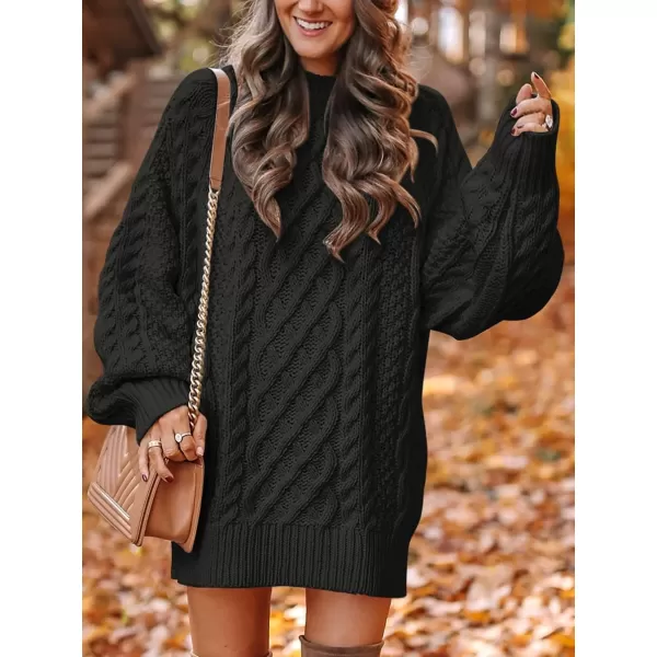 imageANRABESS Women 2023 Fall Crewneck Long Sleeve Oversized Cable Knit Chunky Pullover Short Sweater DressesBlack