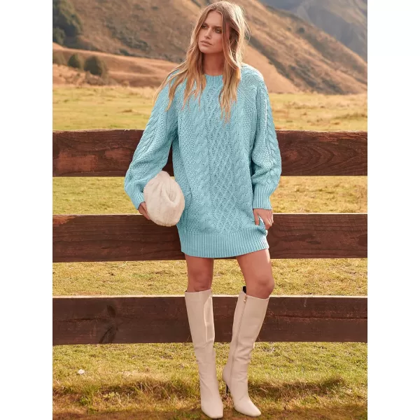imageANRABESS Women 2023 Fall Crewneck Long Sleeve Oversized Cable Knit Chunky Pullover Short Sweater DressesBlue
