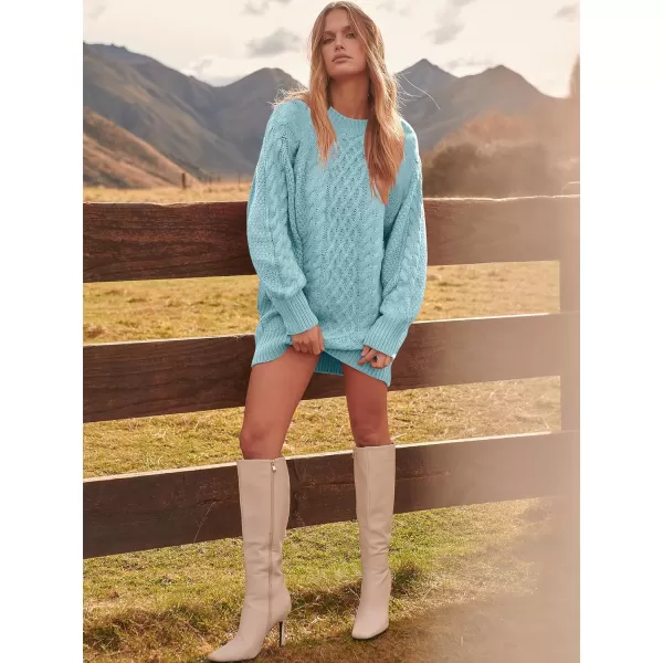 imageANRABESS Women 2023 Fall Crewneck Long Sleeve Oversized Cable Knit Chunky Pullover Short Sweater DressesBlue