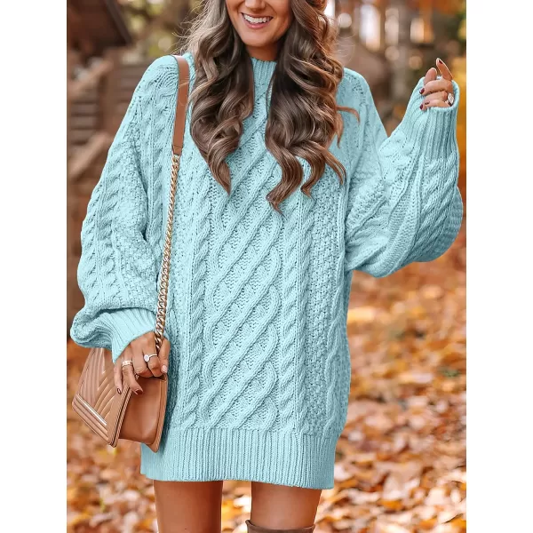 imageANRABESS Women 2023 Fall Crewneck Long Sleeve Oversized Cable Knit Chunky Pullover Short Sweater DressesBlue