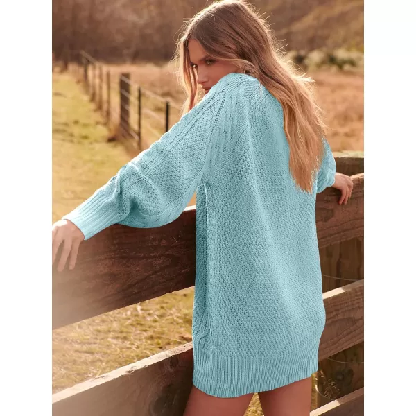 imageANRABESS Women 2023 Fall Crewneck Long Sleeve Oversized Cable Knit Chunky Pullover Short Sweater DressesBlue