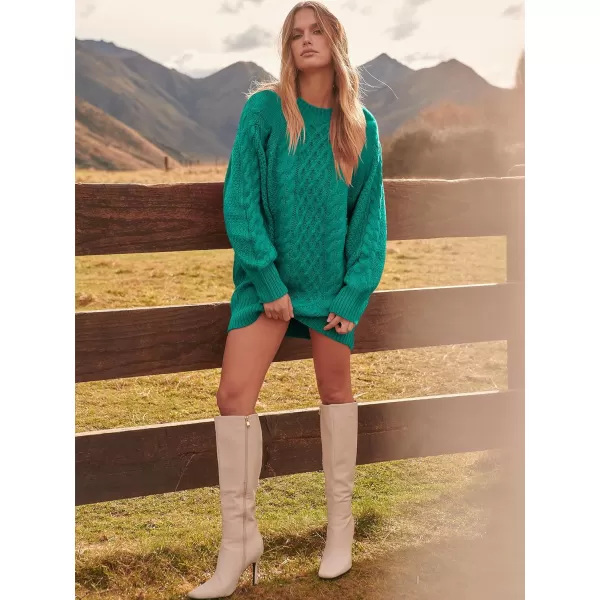 imageANRABESS Women 2023 Fall Crewneck Long Sleeve Oversized Cable Knit Chunky Pullover Short Sweater DressesGreen