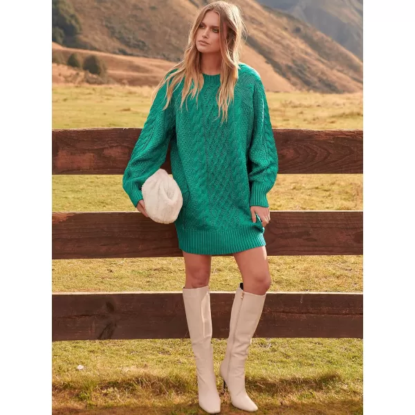 imageANRABESS Women 2023 Fall Crewneck Long Sleeve Oversized Cable Knit Chunky Pullover Short Sweater DressesGreen