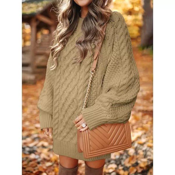 imageANRABESS Women 2023 Fall Crewneck Long Sleeve Oversized Cable Knit Chunky Pullover Short Sweater DressesKhaki