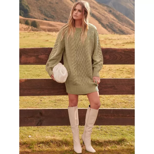 imageANRABESS Women 2023 Fall Crewneck Long Sleeve Oversized Cable Knit Chunky Pullover Short Sweater DressesKhaki