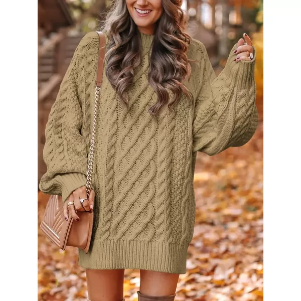 imageANRABESS Women 2023 Fall Crewneck Long Sleeve Oversized Cable Knit Chunky Pullover Short Sweater DressesKhaki