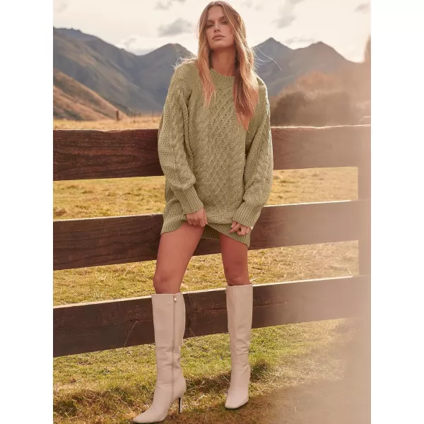 imageANRABESS Women 2023 Fall Crewneck Long Sleeve Oversized Cable Knit Chunky Pullover Short Sweater DressesKhaki