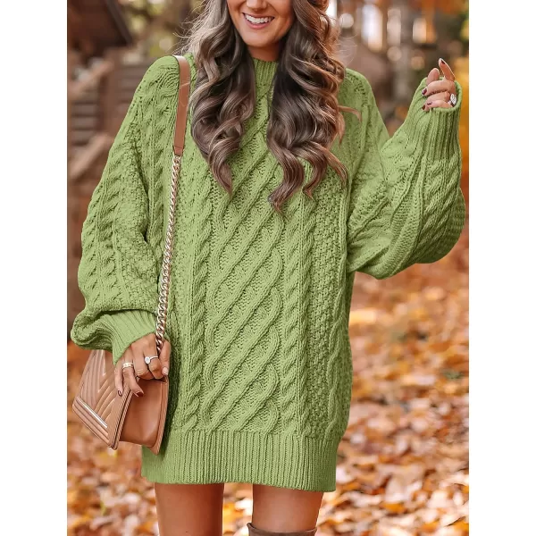 imageANRABESS Women 2023 Fall Crewneck Long Sleeve Oversized Cable Knit Chunky Pullover Short Sweater DressesLight Green